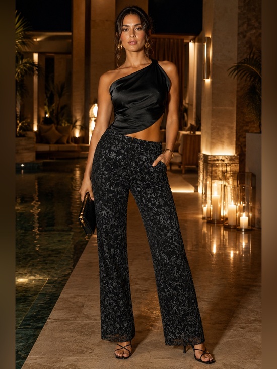 Ronni Nicole Pants - Vintage Y2K Black Sheer Floral Embroidered Mesh Lined Pants Size Large